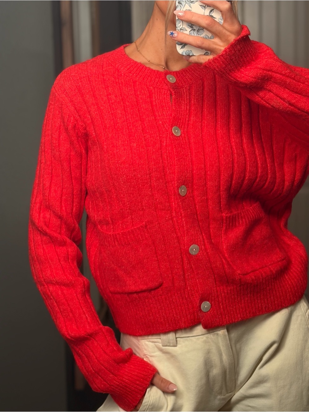 Women's Red Ribbed Button Cardigan Sweater - Picture 2 of 2